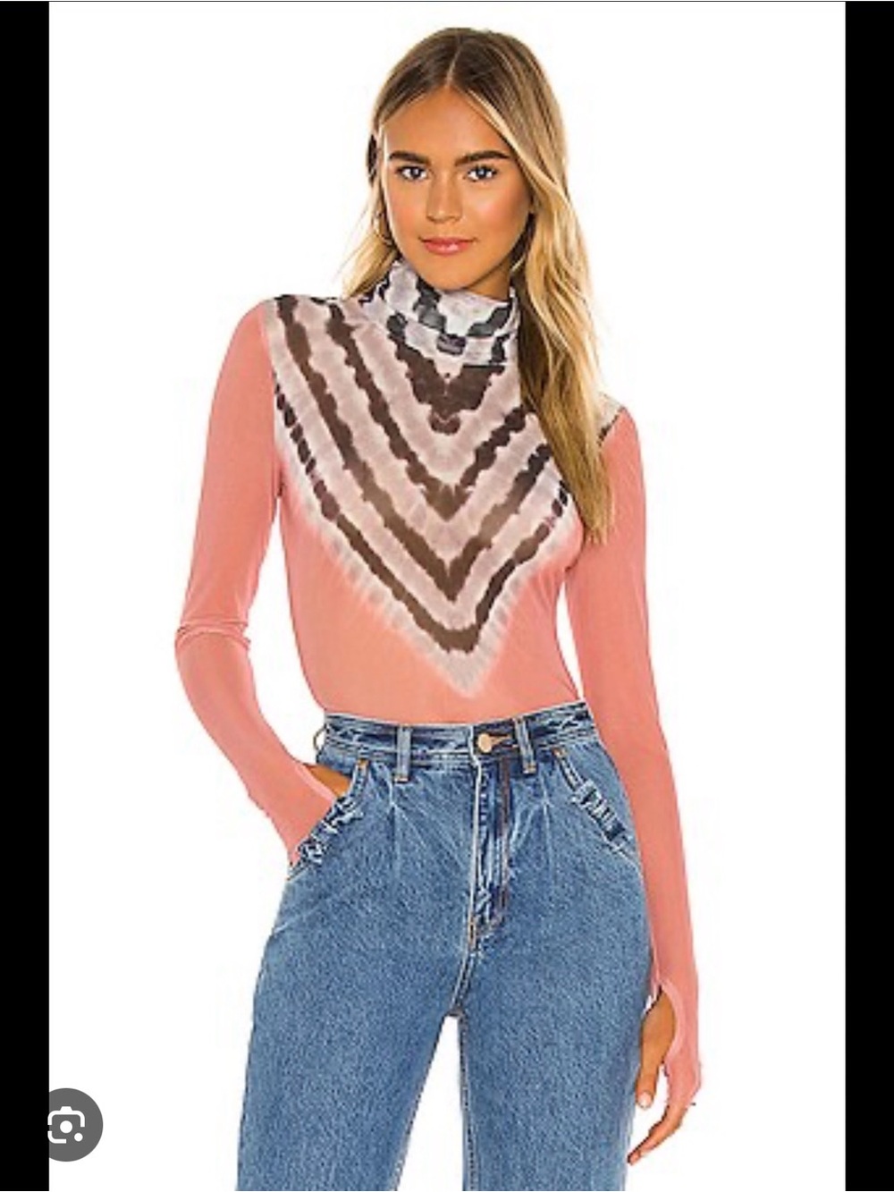 AFRM Coral Pink Tie-Dye Chevron Mock Neck Top